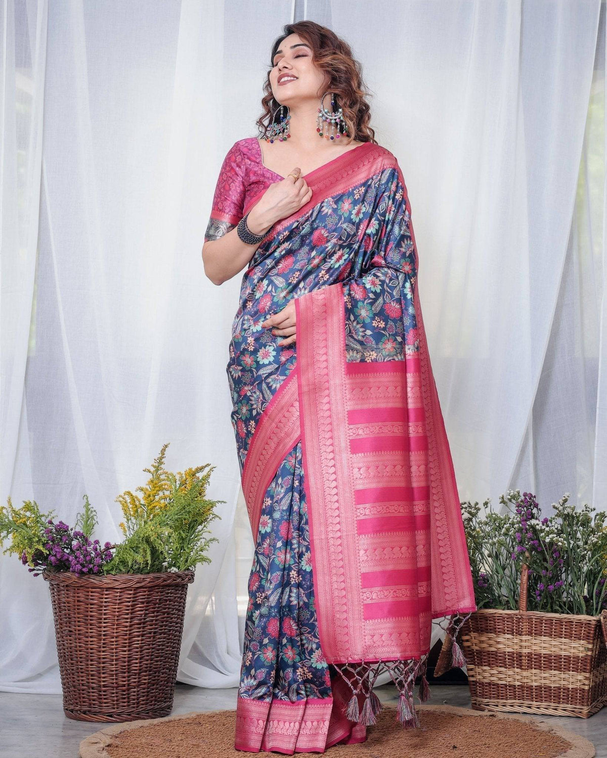 Navy Blue Banarasi Silk Saree with Floral Digital Print, Pink Zari Border & Tassel Pallu BANARASI PRINTED Main image