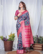 Load image into Gallery viewer, Navy Blue Banarasi Silk Saree with Floral Digital Print, Pink Zari Border &amp; Tassel Pallu BANARASI PRINTED