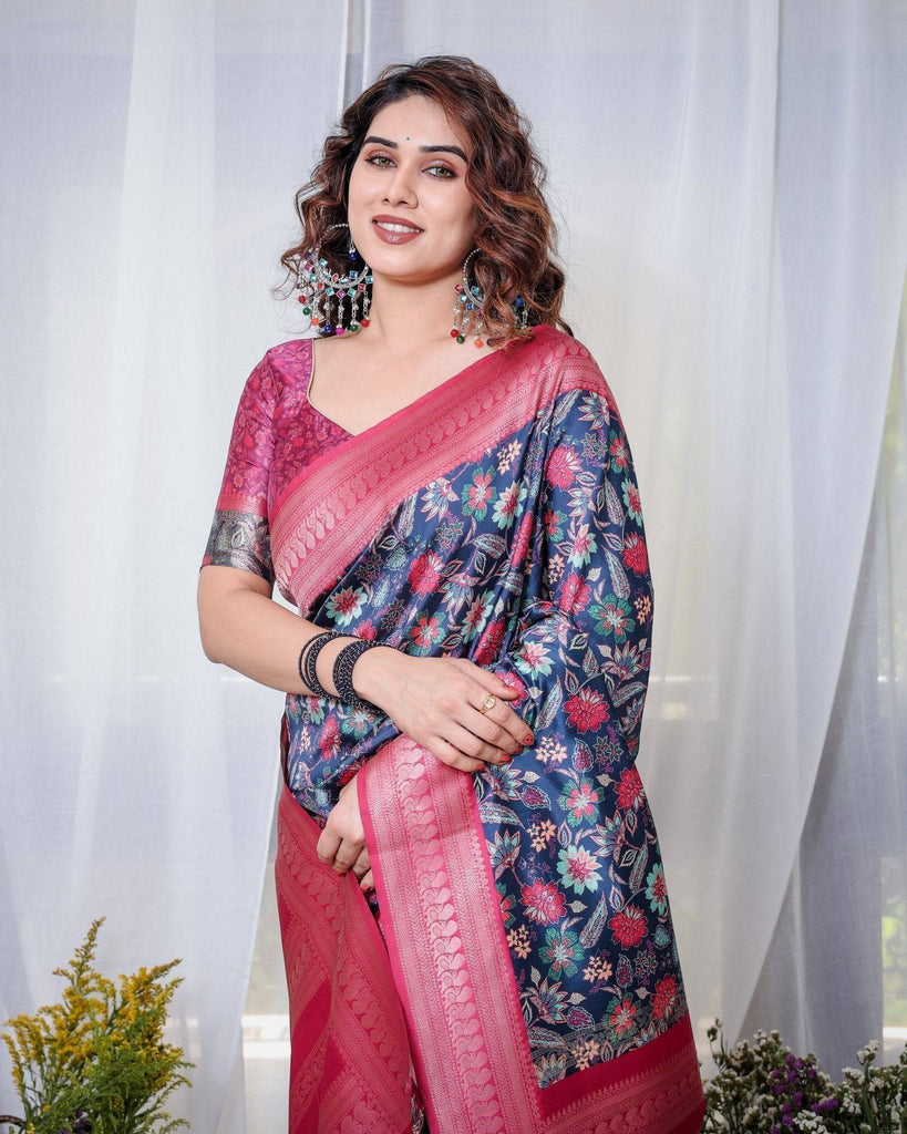 Navy Blue Banarasi Silk Saree with Floral Digital Print, Pink Zari Border & Tassel Pallu BANARASI PRINTED