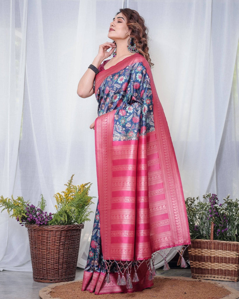 Navy Blue Banarasi Silk Saree with Floral Digital Print, Pink Zari Border & Tassel Pallu BANARASI PRINTED