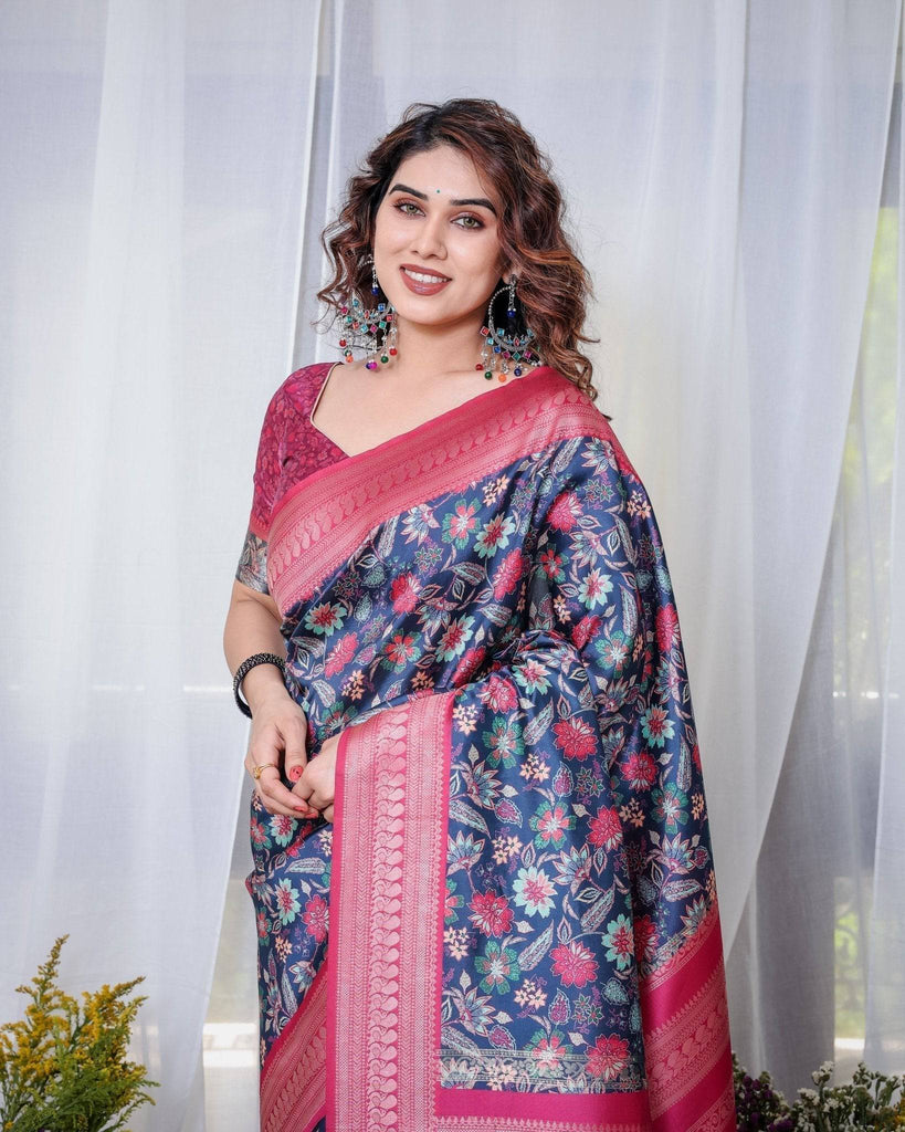 Navy Blue Banarasi Silk Saree with Floral Digital Print, Pink Zari Border & Tassel Pallu BANARASI PRINTED
