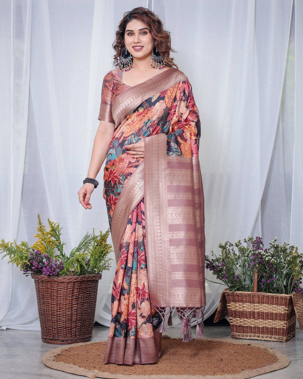 Black Banarasi Silk Saree with Exotic Leopard & Floral Digital Print, Zari Border & Tassel Pallu BANARASI PRINTED