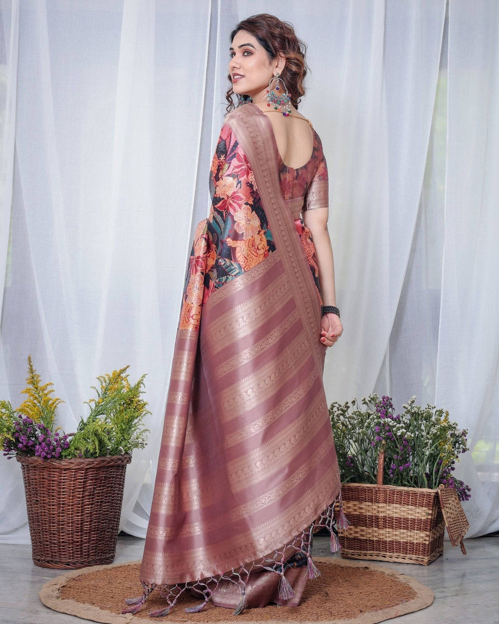 Black Banarasi Silk Saree with Exotic Leopard & Floral Digital Print, Zari Border & Tassel Pallu BANARASI PRINTED