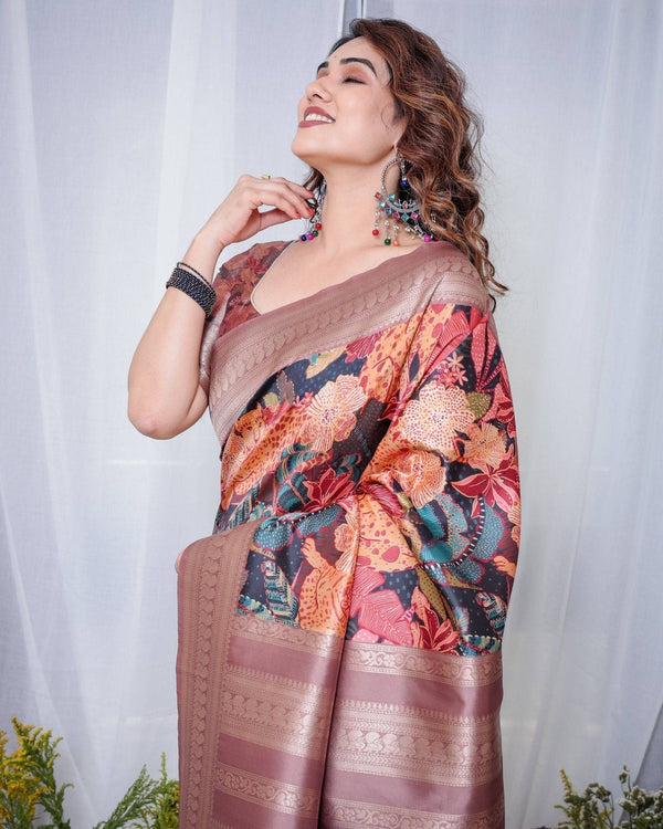 Black Banarasi Silk Saree with Exotic Leopard & Floral Digital Print, Zari Border & Tassel Pallu BANARASI PRINTED