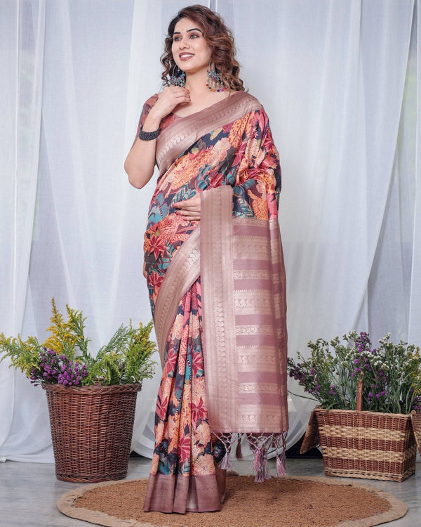 Black Banarasi Silk Saree with Exotic Leopard & Floral Digital Print, Zari Border & Tassel Pallu BANARASI PRINTED