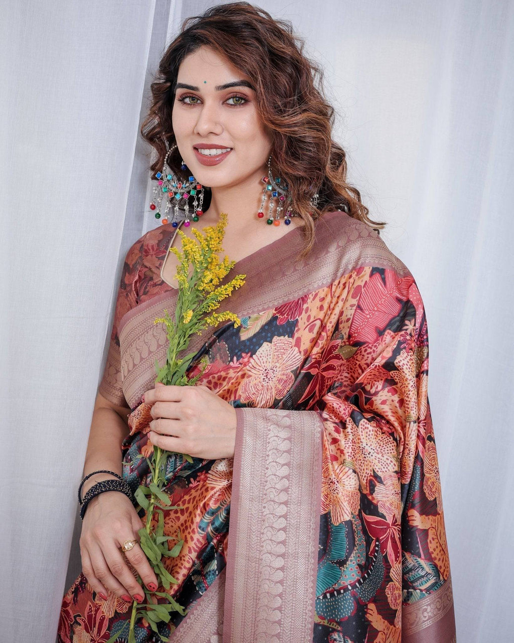 Black Banarasi Silk Saree with Exotic Leopard & Floral Digital Print, Zari Border & Tassel Pallu BANARASI PRINTED