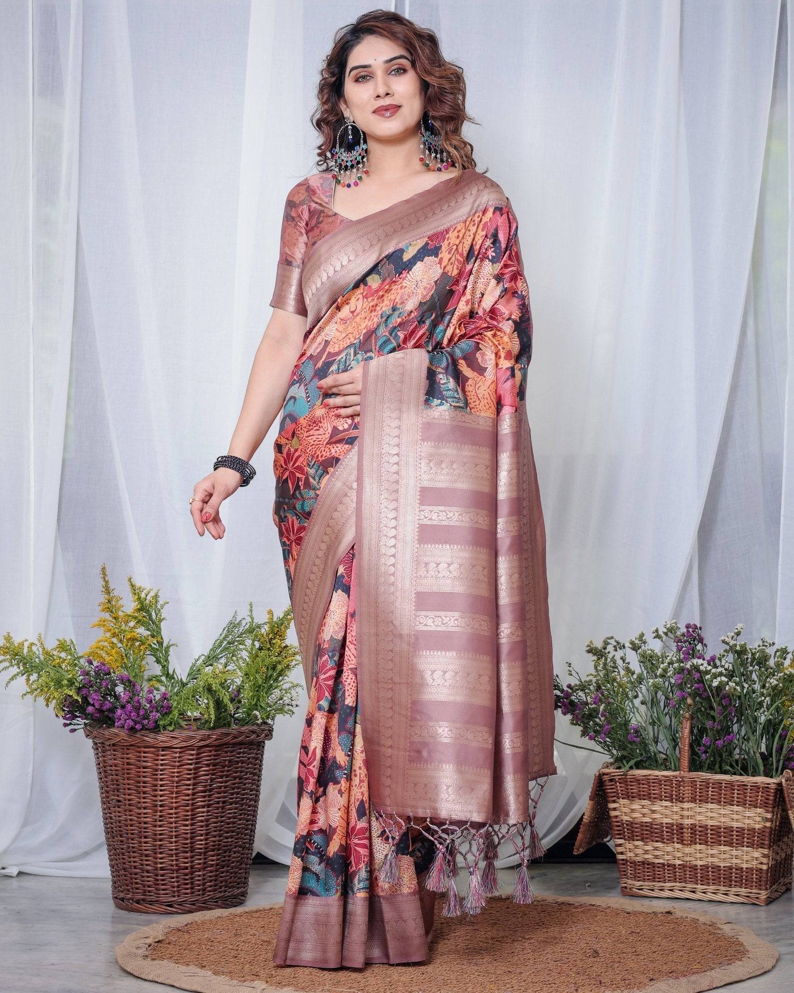 Black Banarasi Silk Saree with Exotic Leopard & Floral Digital Print, Zari Border & Tassel Pallu BANARASI PRINTED