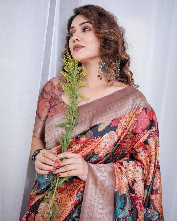 Black Banarasi Silk Saree with Exotic Leopard & Floral Digital Print, Zari Border & Tassel Pallu BANARASI PRINTED