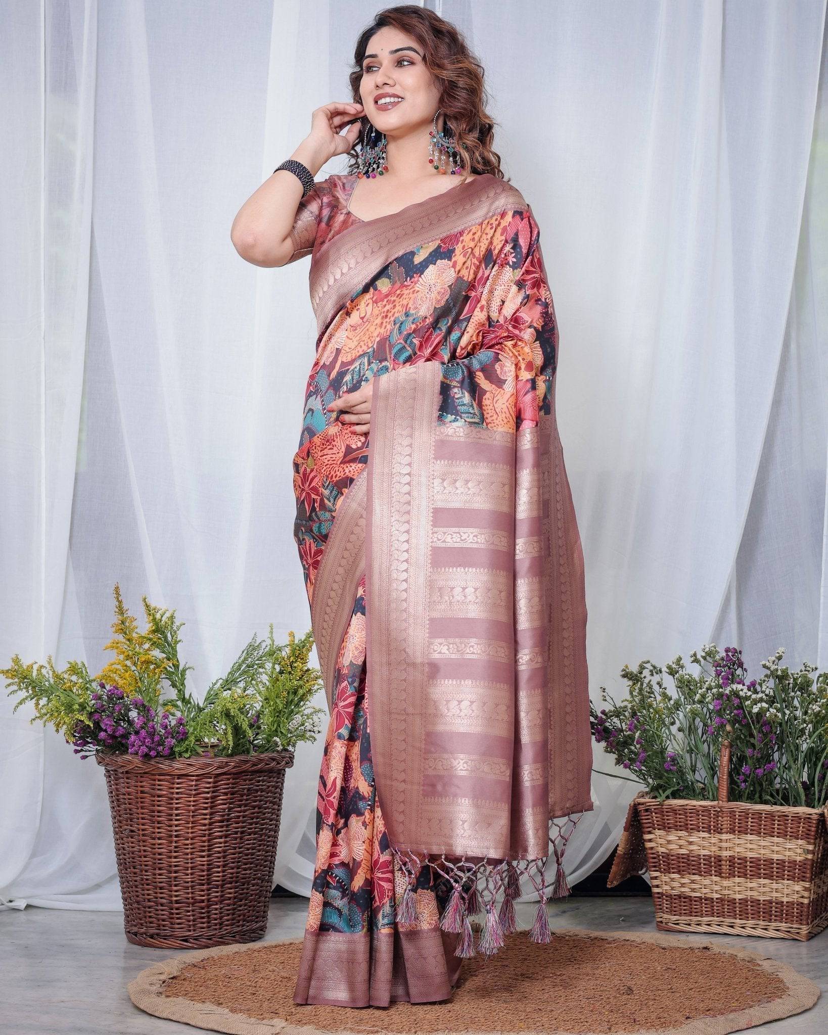 Black Banarasi Silk Saree with Exotic Leopard & Floral Digital Print, Zari Border & Tassel Pallu BANARASI PRINTED Main image