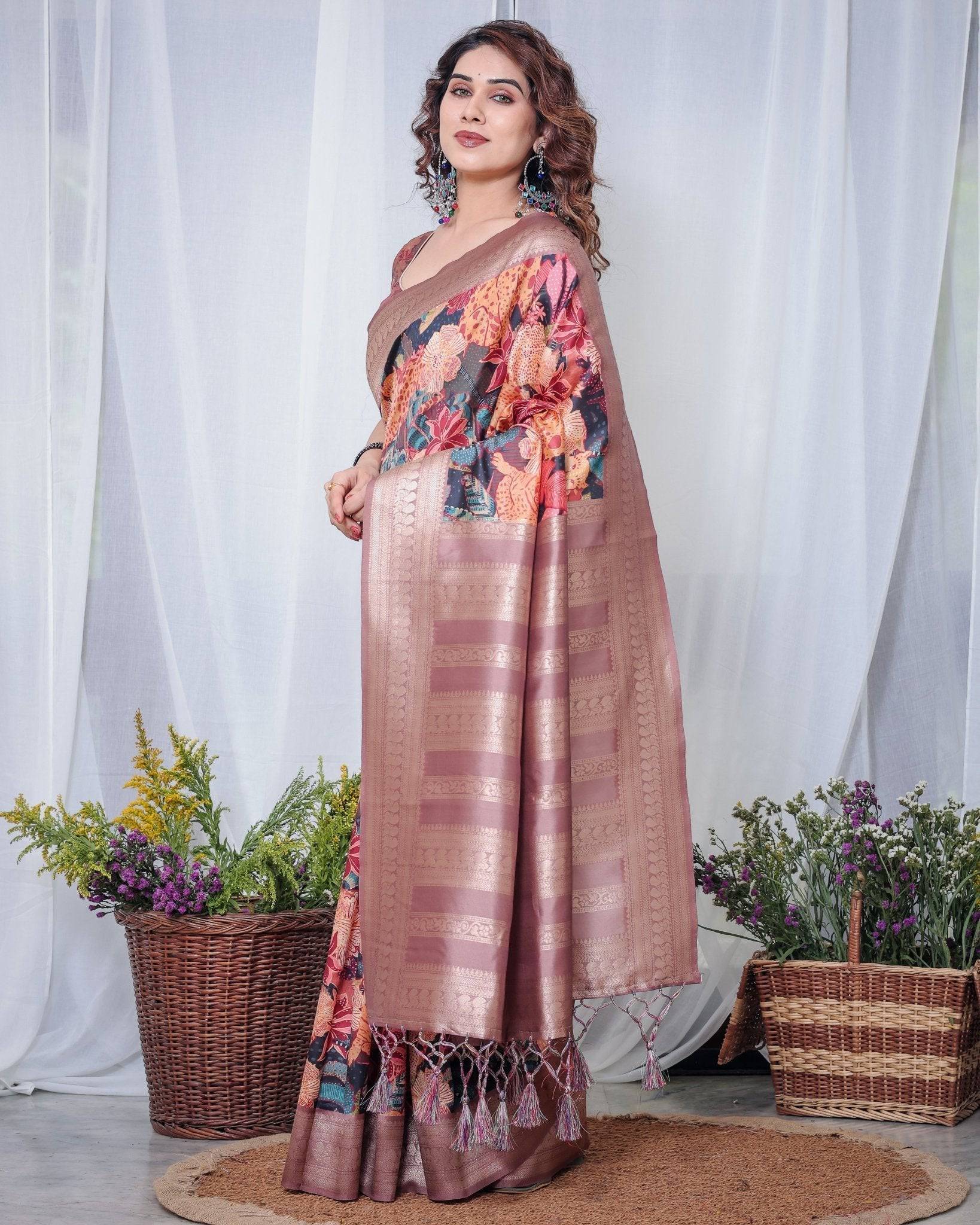 Black Banarasi Silk Saree with Exotic Leopard & Floral Digital Print, Zari Border & Tassel Pallu BANARASI PRINTED