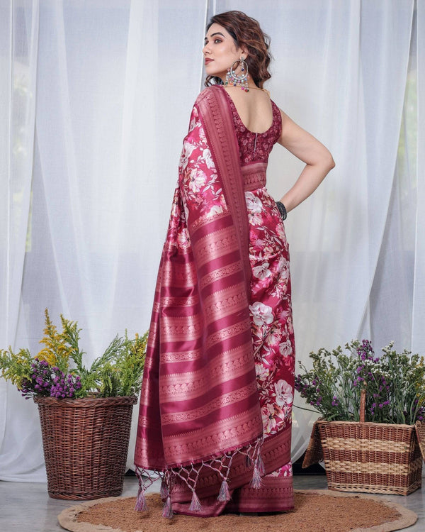 Graceful Maroon Floral Banarasi Silk Saree with Tassels BANARASI PRINTED