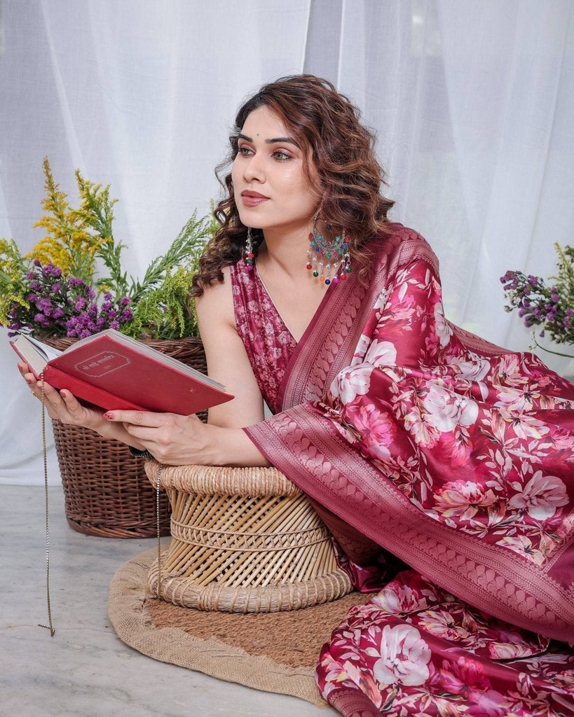 Graceful Maroon Floral Banarasi Silk Saree with Tassels BANARASI PRINTED