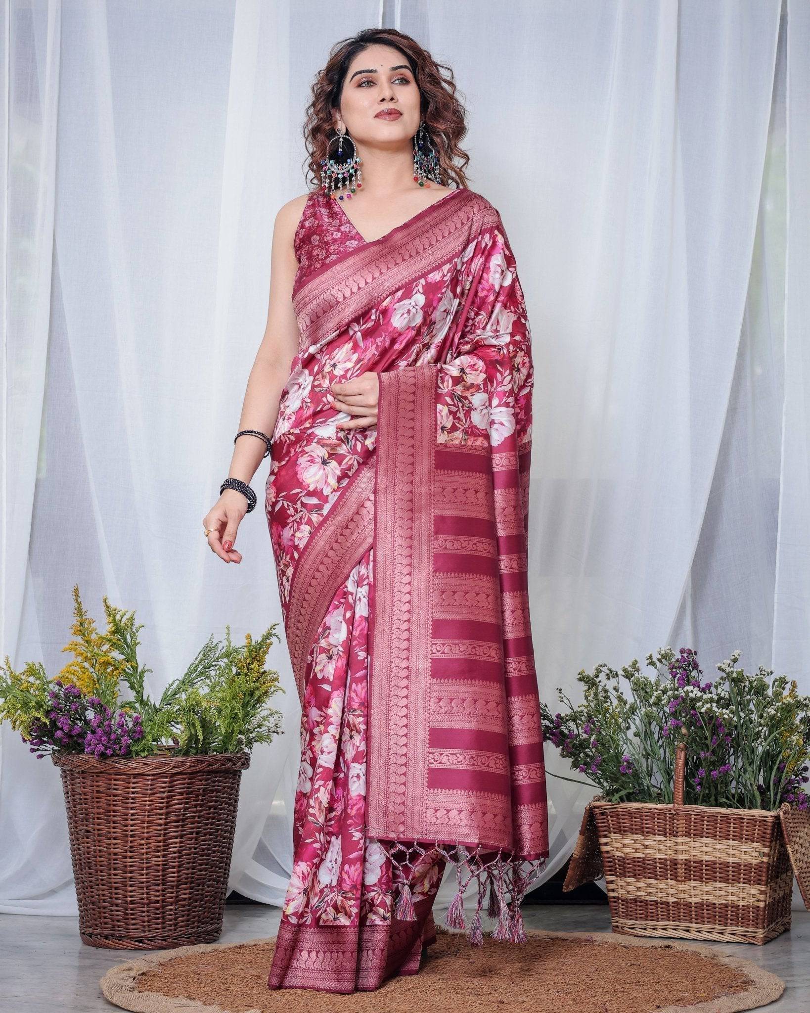 Graceful Maroon Floral Banarasi Silk Saree with Tassels Secondary image