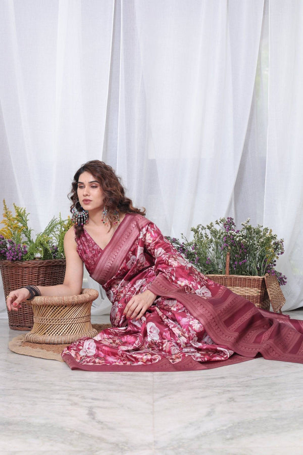 Graceful Maroon Floral Banarasi Silk Saree with Tassels BANARASI PRINTED