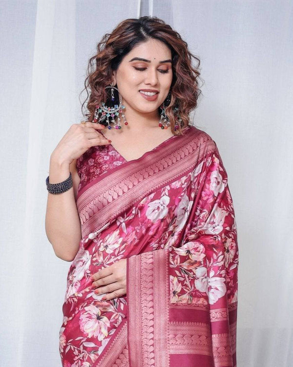 Graceful Maroon Floral Banarasi Silk Saree with Tassels BANARASI PRINTED