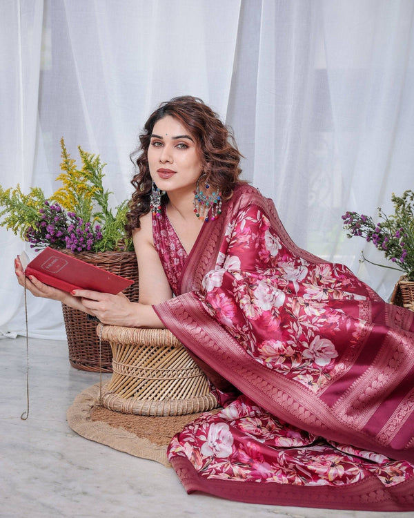 Graceful Maroon Floral Banarasi Silk Saree with Tassels BANARASI PRINTED