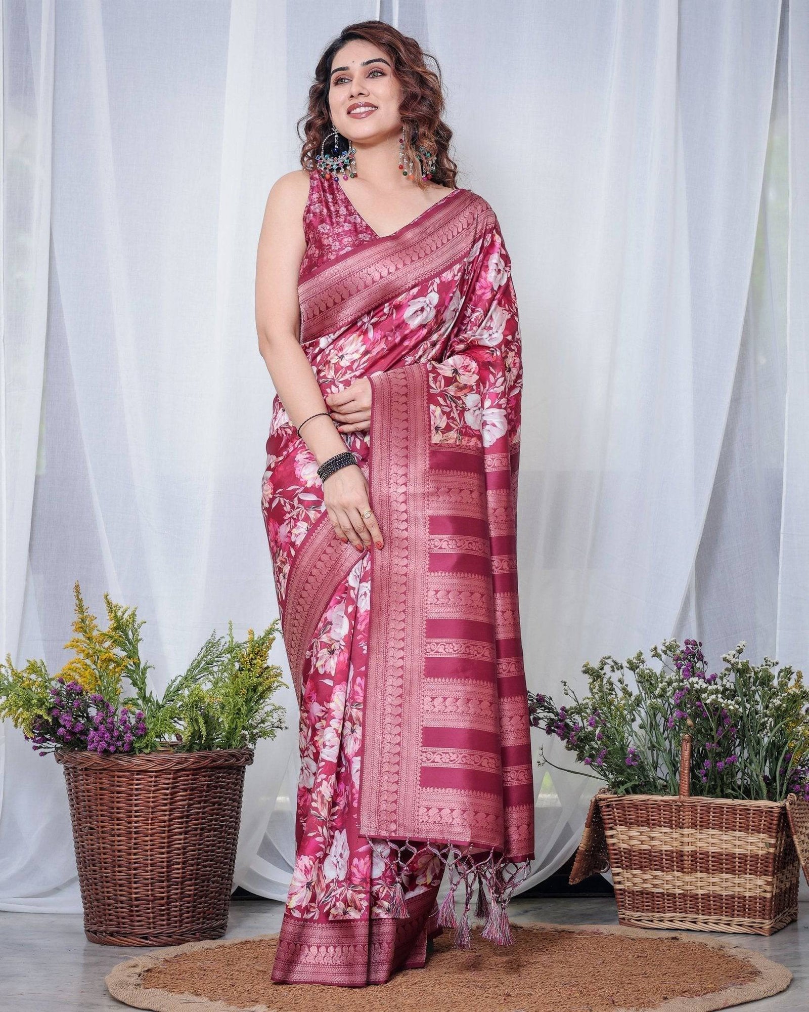 Graceful Maroon Floral Banarasi Silk Saree with Tassels BANARASI PRINTED