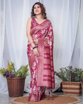 Graceful Maroon Floral Banarasi Silk Saree with Tassels BANARASI PRINTED