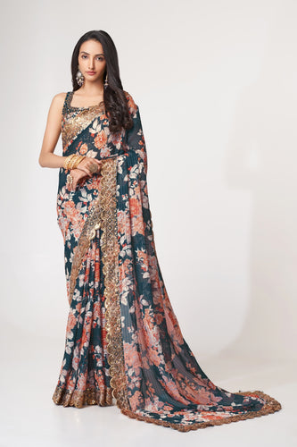 Dove Blue Organza Saree with Sequin Embroidery and Digital Print ClothsVilla