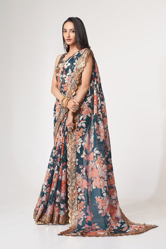 Dove Blue Organza Saree with Sequin Embroidery and Digital Print ClothsVilla