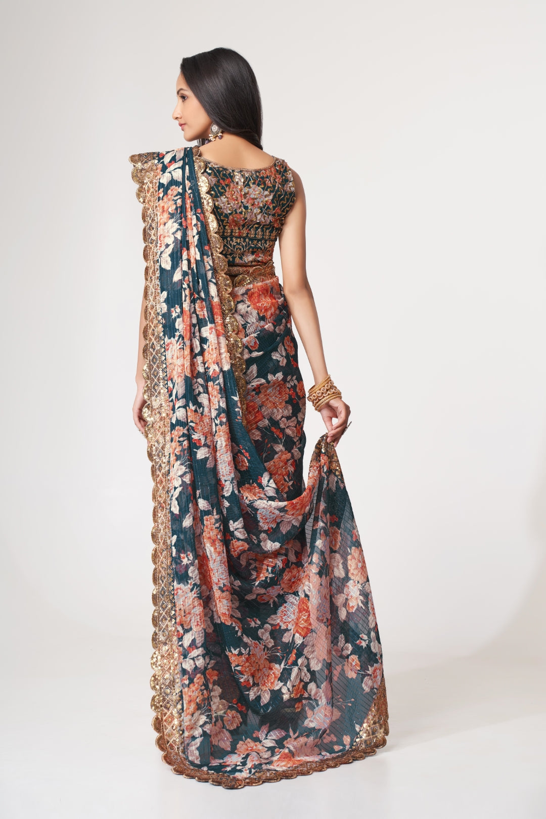 Dove Blue Organza Saree with Sequin Embroidery and Digital Print ClothsVilla