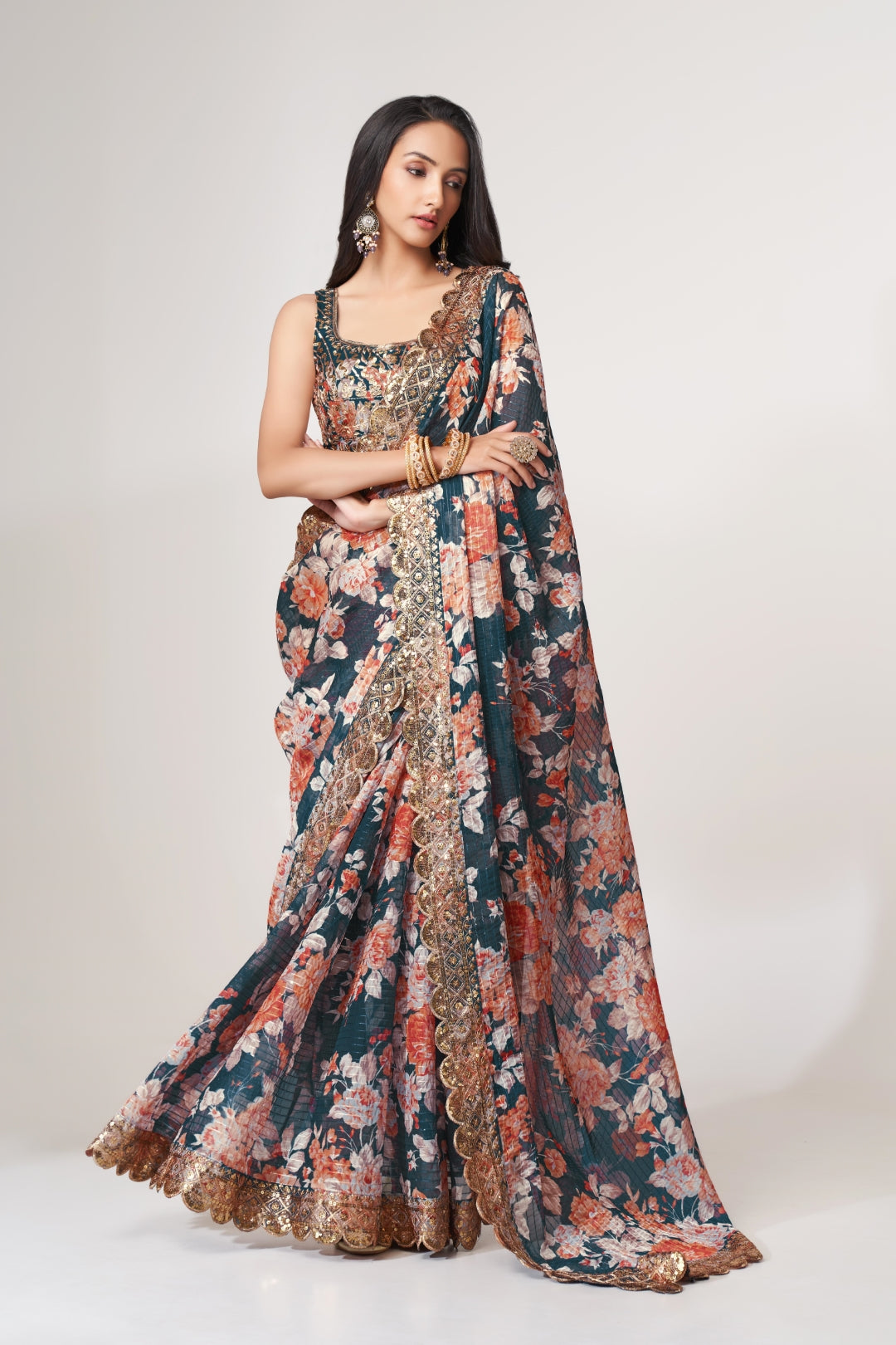 Dove Blue Organza Saree with Sequin Embroidery and Digital Print ClothsVilla