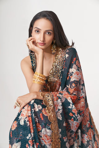 Dove Blue Organza Saree with Sequin Embroidery and Digital Print ClothsVilla