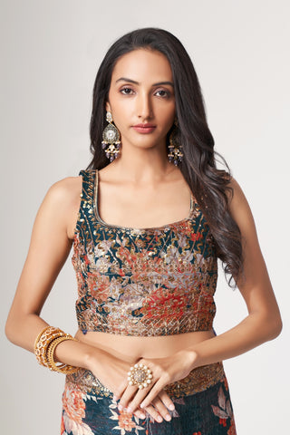 Dove Blue Organza Saree with Sequin Embroidery and Digital Print ClothsVilla