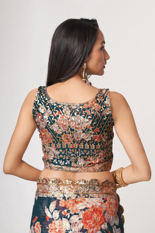 Dove Blue Organza Saree with Sequin Embroidery and Digital Print ClothsVilla
