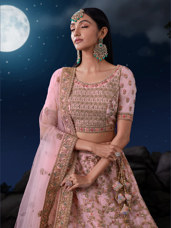 Dreamy Pink Lehenga Choli Set - Soft Net, Exquisite Embroidery ClothsVilla