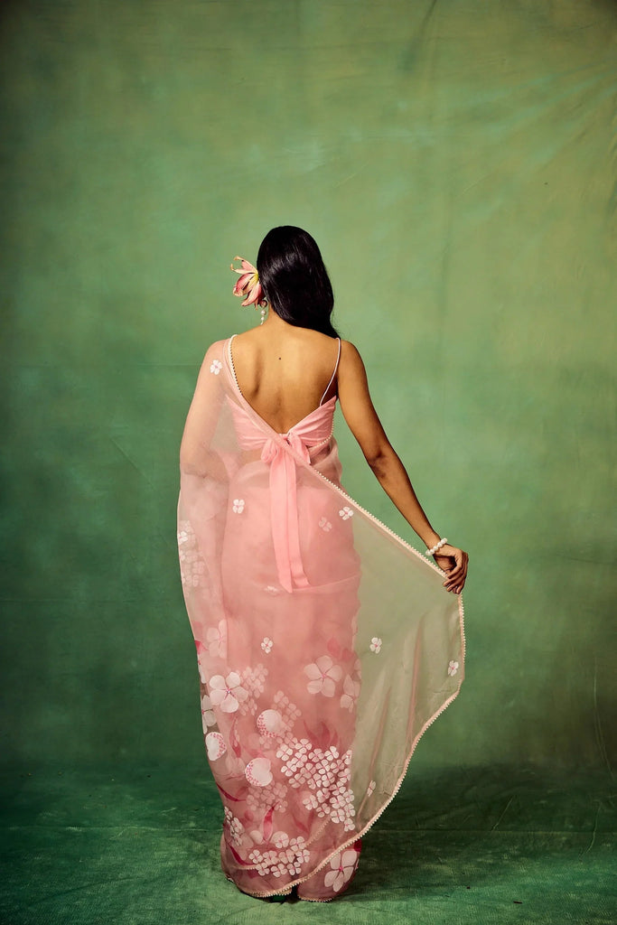 Rose Pink Pure Organza Saree with Hand-Painted Multi-Floral Motifs & Sequin Highlights | Satin Blouse FANCY SAREES