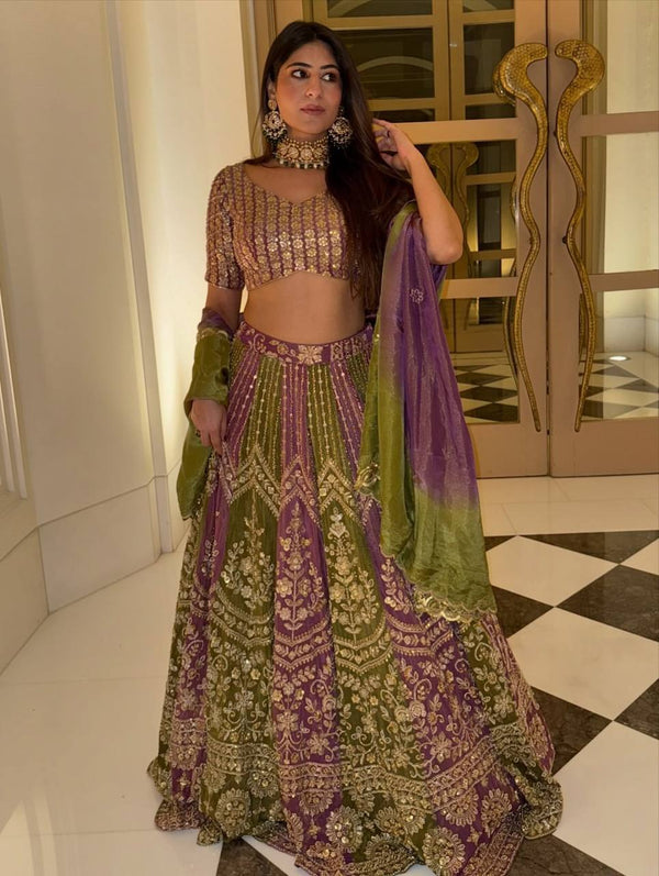 Dual-Shade Faux Georgette Thread & Sequin Work Lehenga Choli with Dupatta – Fully Stitched Lehenga with Can-Can ClothsVilla