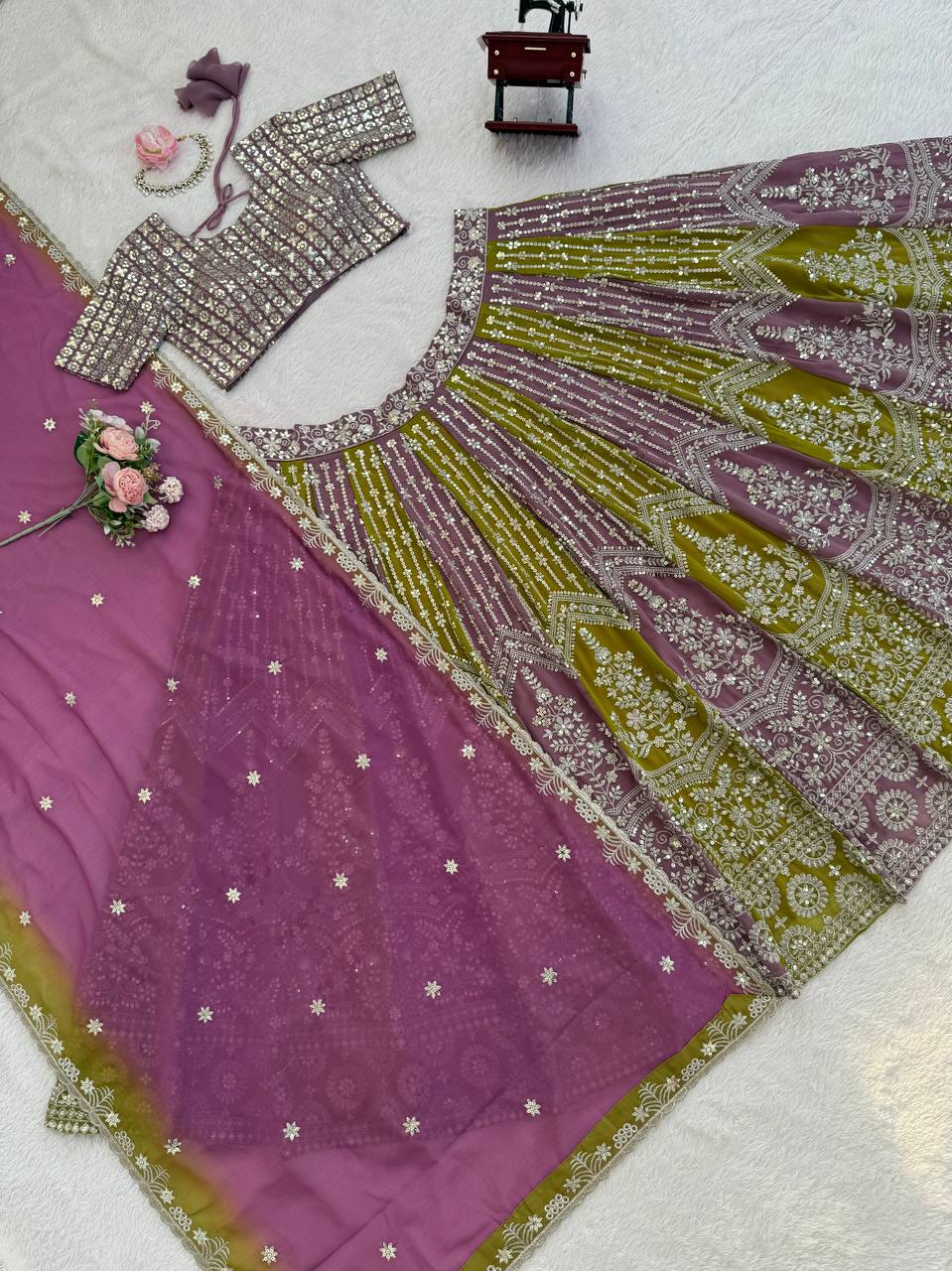 Dual-Shade Faux Georgette Thread & Sequin Work Lehenga Choli with Dupatta – Fully Stitched Lehenga with Can-Can ClothsVilla