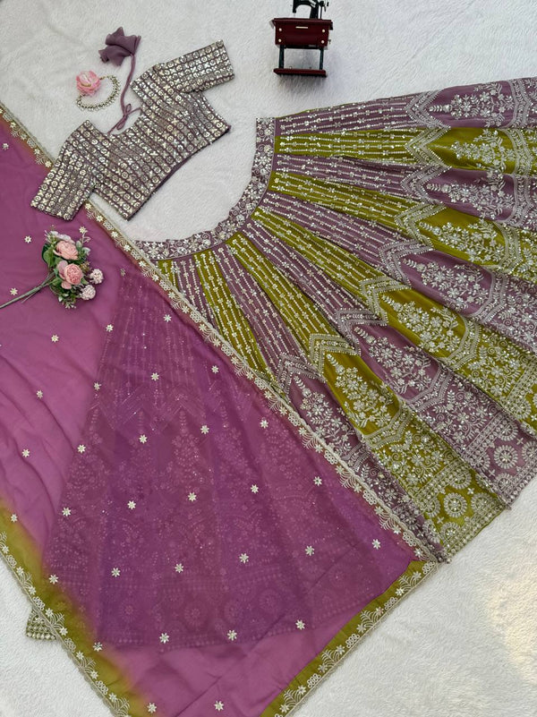 Dual-Shade Faux Georgette Thread & Sequin Work Lehenga Choli with Dupatta – Fully Stitched Lehenga with Can-Can ClothsVilla