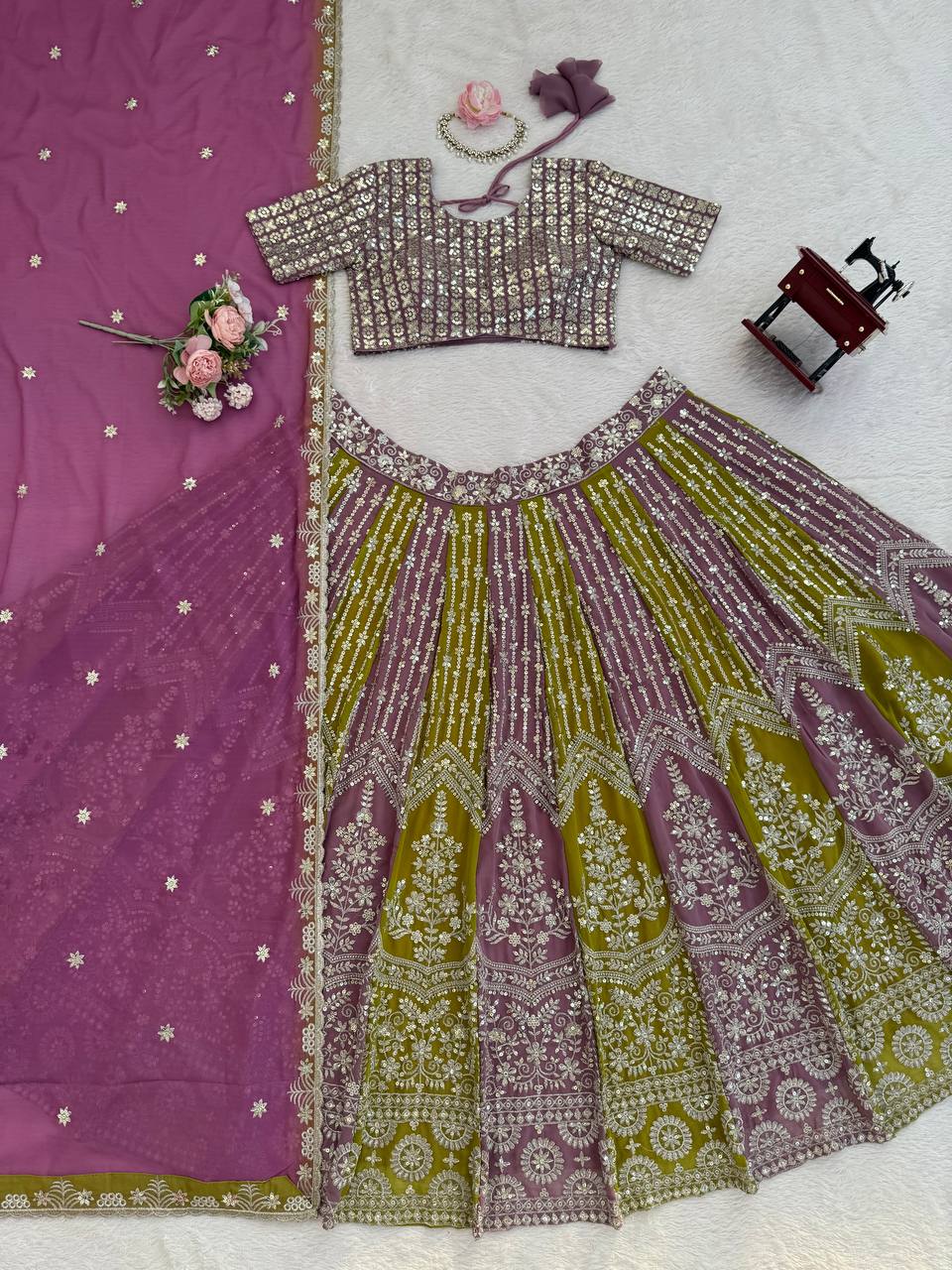 Dual-Shade Faux Georgette Thread & Sequin Work Lehenga Choli with Dupatta – Fully Stitched Lehenga with Can-Can ClothsVilla