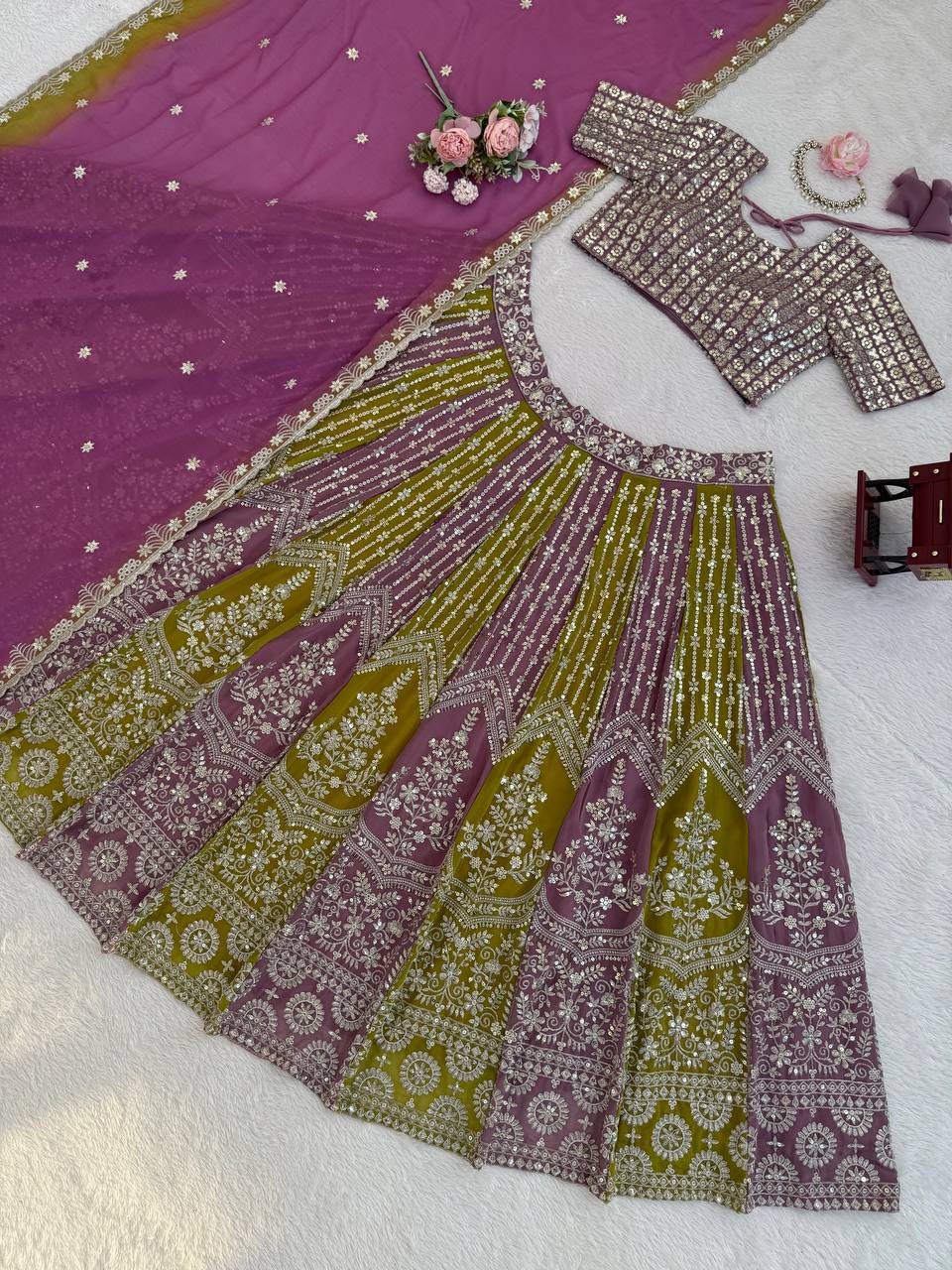 Dual-Shade Faux Georgette Thread & Sequin Work Lehenga Choli with Dupatta – Fully Stitched Lehenga with Can-Can ClothsVilla