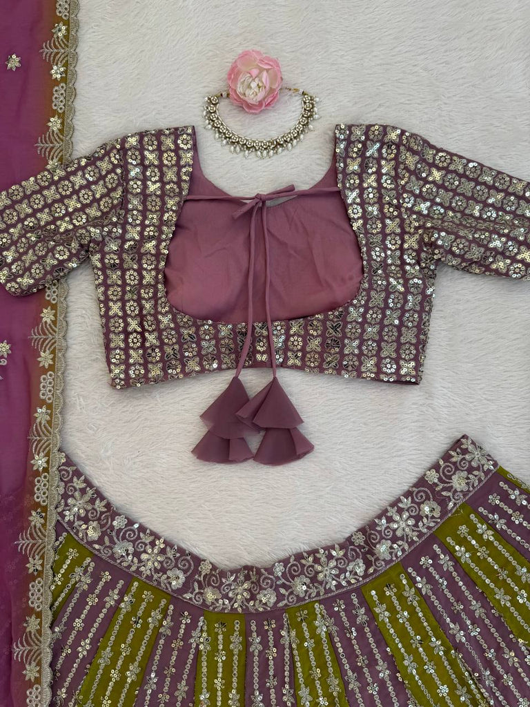 Dual-Shade Faux Georgette Thread & Sequin Work Lehenga Choli with Dupatta – Fully Stitched Lehenga with Can-Can ClothsVilla