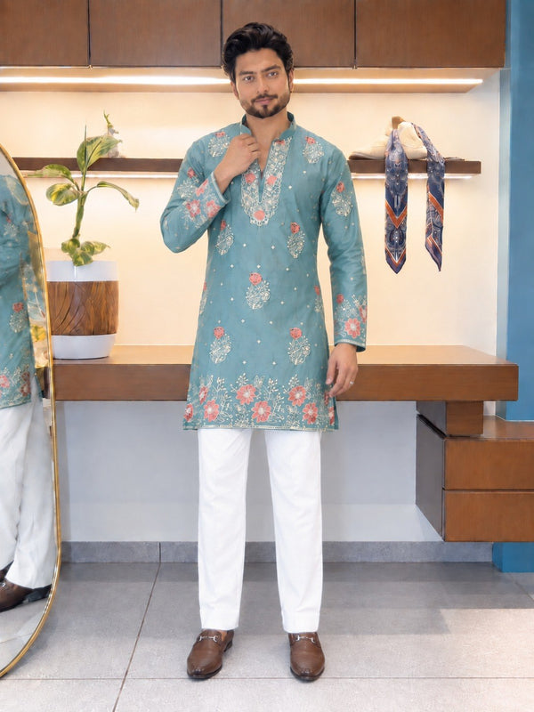 Dusty Blue Coach Silk Kurta Pant Set ClothsVilla
