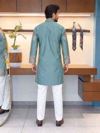 Dusty Blue Coach Silk Kurta Pant Set ClothsVilla