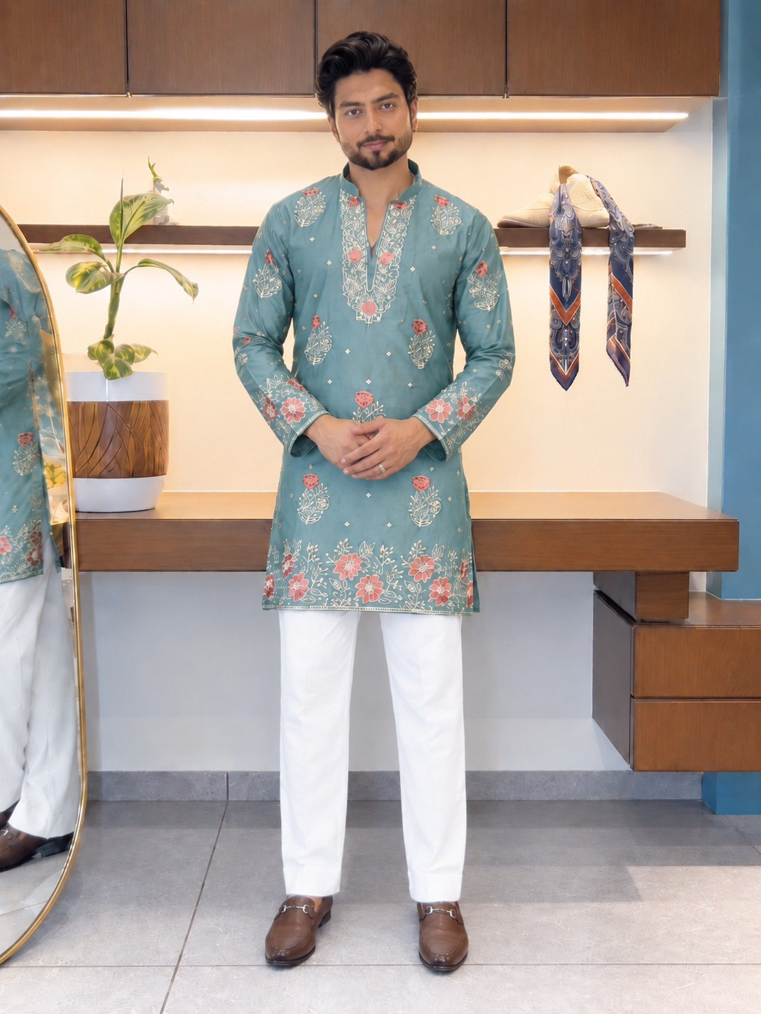 Dusty Blue Coach Silk Kurta Pant Set ClothsVilla