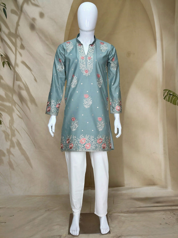 Dusty Blue Coach Silk Kurta Pant Set ClothsVilla