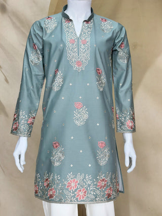 Dusty Blue Coach Silk Kurta Pant Set ClothsVilla