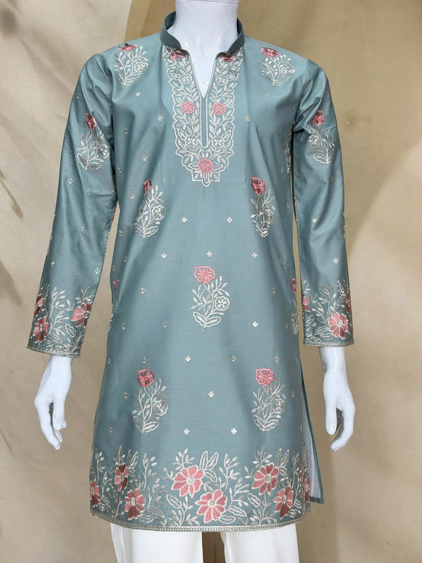 Dusty Blue Coach Silk Kurta Pant Set ClothsVilla