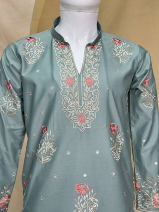 Dusty Blue Coach Silk Kurta Pant Set ClothsVilla