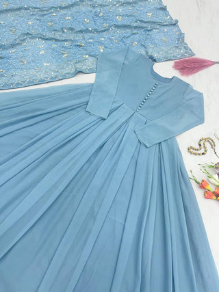 Dusty Blue Elegant Designer Party Wear Gown & Dupatta Set Clothsvilla