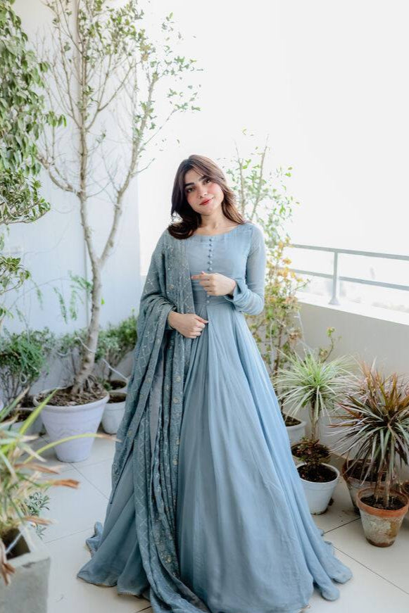 Dusty Blue Elegant Designer Party Wear Gown & Dupatta Set Clothsvilla