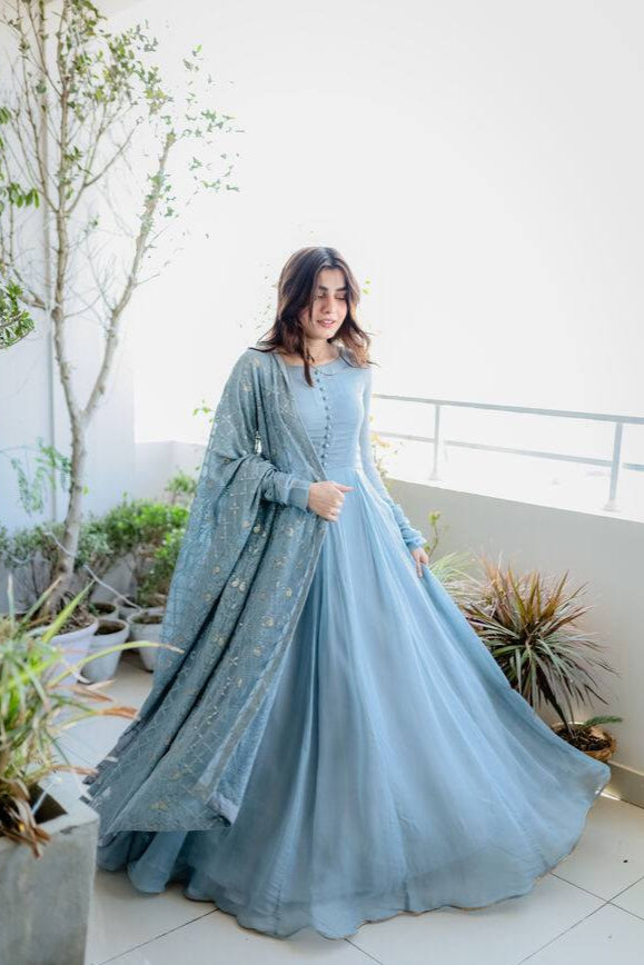 Dusty Blue Elegant Designer Party Wear Gown & Dupatta Set Clothsvilla