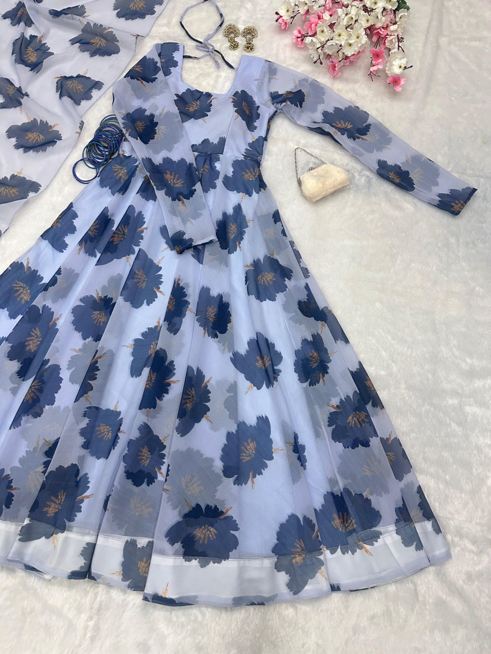Dusty Blue Elegant Digital Print Anarkali Gown with Dupatta – A Perfect Blend of Tradition & Modernity