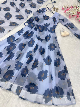 Dusty Blue Elegant Digital Print Anarkali Gown with Dupatta – A Perfect Blend of Tradition & Modernity