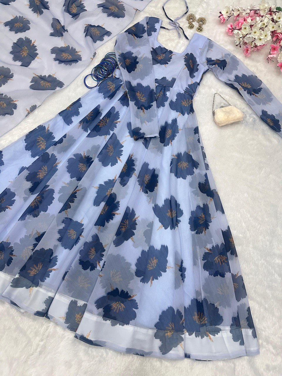 Dusty Blue Elegant Digital Print Anarkali Gown with Dupatta – A Perfect Blend of Tradition & Modernity
